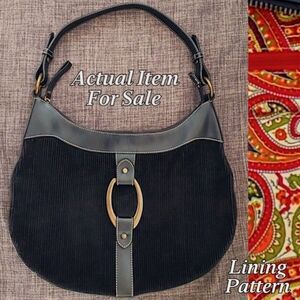 Maxx New York Black Purse Corduroy & Leather Hobo Shoulder Bag Paisley Lining